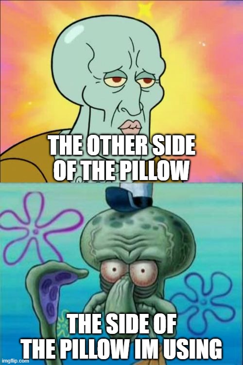 Squidward Meme | THE OTHER SIDE OF THE PILLOW; THE SIDE OF THE PILLOW IM USING | image tagged in memes,squidward | made w/ Imgflip meme maker