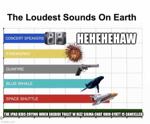 if this makes it to front page I'll follow everyone who comments. I'm not joking | HEHEHEHAW; THE IPAD KIDS CRYING WHEN SKIBIDI TOILET W RIZZ SIGMA CHAT OHIO GYATT IS CANCELLED | image tagged in the loudest sounds on earth,comment,gen z | made w/ Imgflip meme maker