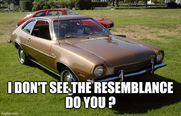 Ford Pinto | I DON'T SEE THE RESEMBLANCE
DO YOU ? | image tagged in ford pinto | made w/ Imgflip meme maker