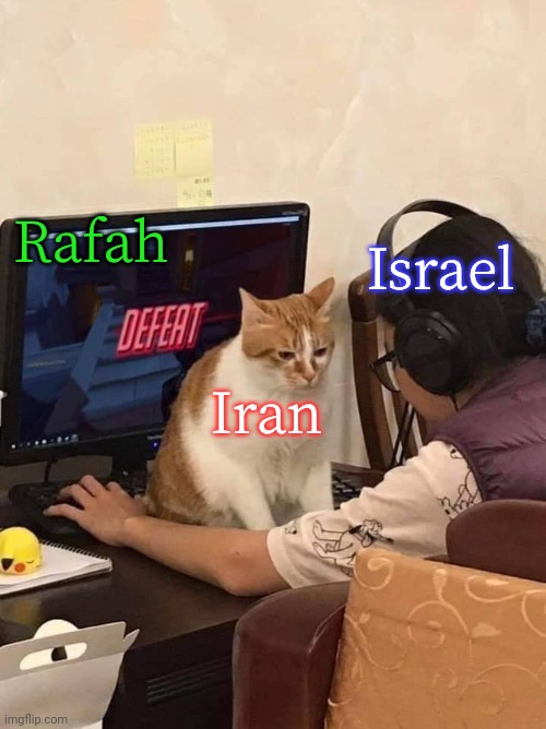 Israel's plan to wipe out the Gazan city of Rafah was frustrated by the missile barrage from Iran. | Rafah; Iran; Israel | image tagged in cat blocking monitor,palestine,genocide,consequences,assassination | made w/ Imgflip meme maker