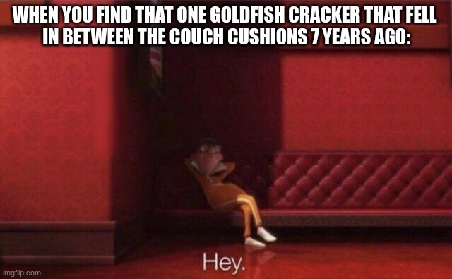 Gross | WHEN YOU FIND THAT ONE GOLDFISH CRACKER THAT FELL 
IN BETWEEN THE COUCH CUSHIONS 7 YEARS AGO: | image tagged in hey | made w/ Imgflip meme maker