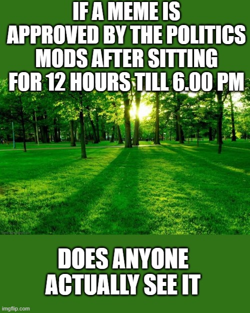 politics mods | IF A MEME IS APPROVED BY THE POLITICS MODS AFTER SITTING FOR 12 HOURS TILL 6.00 PM; DOES ANYONE ACTUALLY SEE IT | image tagged in grass and trees | made w/ Imgflip meme maker