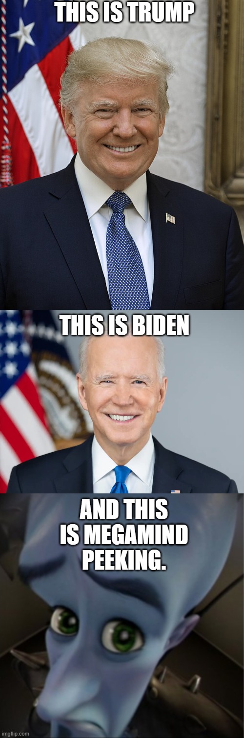 This can be considered an antimeme | THIS IS TRUMP; THIS IS BIDEN; AND THIS IS MEGAMIND PEEKING. | image tagged in antimeme,technically the truth | made w/ Imgflip meme maker