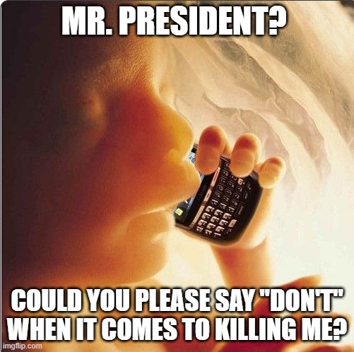 Baby in womb on cell phone - fetus blackberry | MR. PRESIDENT? COULD YOU PLEASE SAY "DON'T" WHEN IT COMES TO KILLING ME? | image tagged in baby in womb on cell phone - fetus blackberry | made w/ Imgflip meme maker