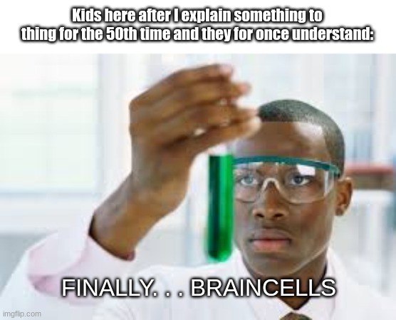 FINALLY | Kids here after I explain something to thing for the 50th time and they for once understand:; FINALLY. . . BRAINCELLS | image tagged in finally | made w/ Imgflip meme maker