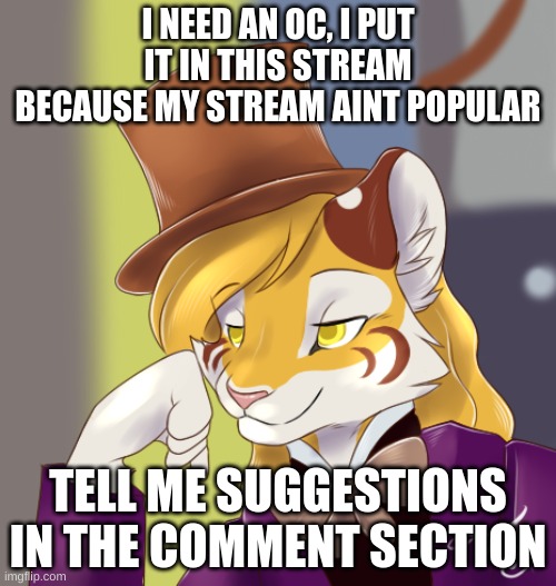 Creepy condensing wonka furry | I NEED AN OC, I PUT IT IN THIS STREAM BECAUSE MY STREAM AINT POPULAR; TELL ME SUGGESTIONS IN THE COMMENT SECTION | image tagged in creepy condensing wonka furry | made w/ Imgflip meme maker