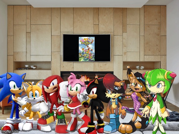Sonic and Friends watching Digimon in their living room | image tagged in sonic the hedgehog,sonic x,digimon,crossover,anime,sonic | made w/ Imgflip meme maker