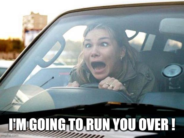 woman driver | I'M GOING TO RUN YOU OVER ! | image tagged in woman driver | made w/ Imgflip meme maker
