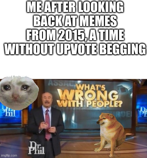 sigh. | ME AFTER LOOKING BACK AT MEMES FROM 2015, A TIME WITHOUT UPVOTE BEGGING | image tagged in dr phil what's wrong with people | made w/ Imgflip meme maker