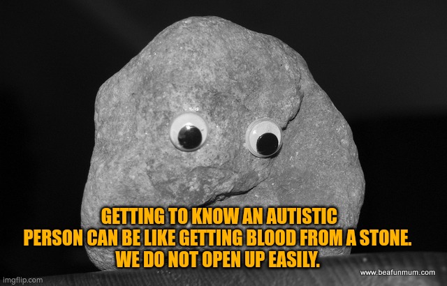 Blood from a stone getting to know autistic people | GETTING TO KNOW AN AUTISTIC PERSON CAN BE LIKE GETTING BLOOD FROM A STONE. 
WE DO NOT OPEN UP EASILY. | image tagged in autism,invisible disabilities | made w/ Imgflip meme maker