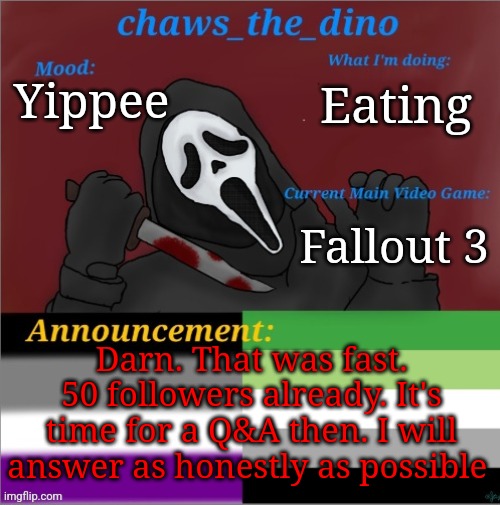 Genuinely impressed | Eating; Yippee; Fallout 3; Darn. That was fast. 50 followers already. It's time for a Q&A then. I will answer as honestly as possible | image tagged in chaws_the_dino announcement temp | made w/ Imgflip meme maker