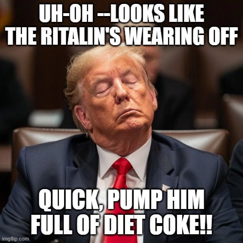 "feenin' for a bump" *OR* "He's a few months from 'too old to be President'... what'd you expect?" | UH-OH --LOOKS LIKE THE RITALIN'S WEARING OFF; QUICK, PUMP HIM FULL OF DIET COKE!! | image tagged in trump is sleeping at trial,ritalin,bump,diet coke | made w/ Imgflip meme maker