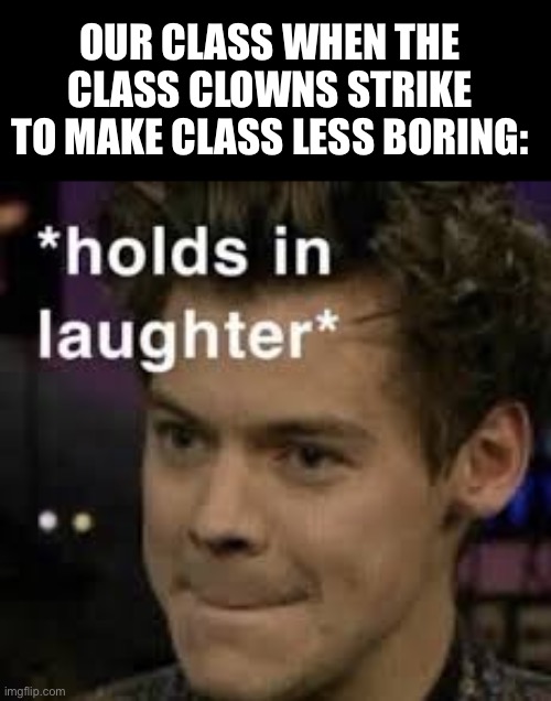 *holds in laughter* | OUR CLASS WHEN THE CLASS CLOWNS STRIKE TO MAKE CLASS LESS BORING: | image tagged in holds in laughter | made w/ Imgflip meme maker