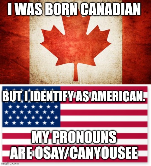 Please respect my realitant. | I WAS BORN CANADIAN; BUT I IDENTIFY AS AMERICAN. MY PRONOUNS ARE OSAY/CANYOUSEE | image tagged in canada,usa flag | made w/ Imgflip meme maker