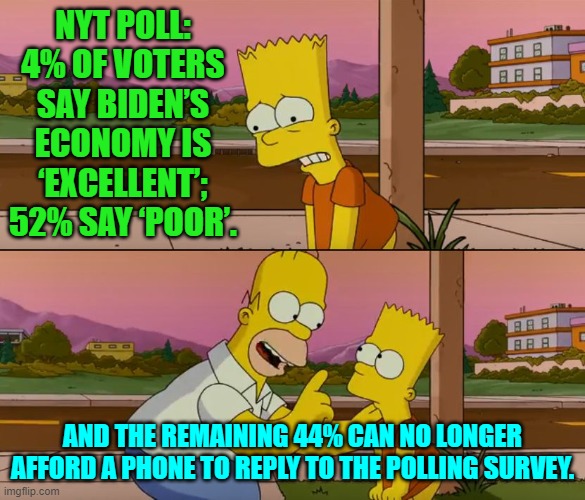 Sometimes the is no silver lining. | NYT POLL: 4% OF VOTERS SAY BIDEN’S ECONOMY IS ‘EXCELLENT’; 52% SAY ‘POOR’. AND THE REMAINING 44% CAN NO LONGER AFFORD A PHONE TO REPLY TO THE POLLING SURVEY. | image tagged in simpsons so far | made w/ Imgflip meme maker