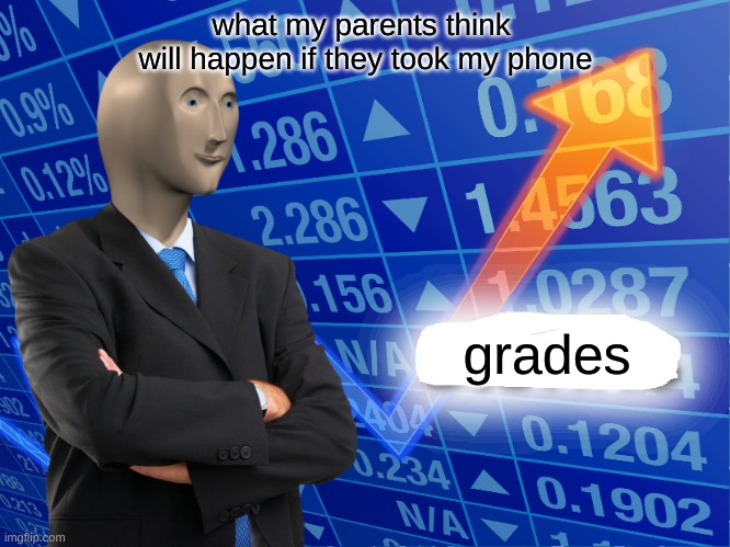 Empty Stonks | what my parents think 
will happen if they took my phone; grades | image tagged in empty stonks | made w/ Imgflip meme maker