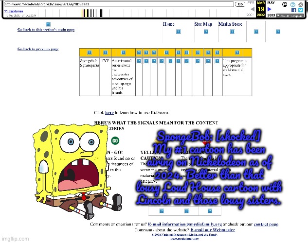 SpongeBob Rulez | SpongeBob: [shocked] My #1 cartoon has been airing on Nickelodeon as of 2024. Better than that lousy Loud House cartoon with Lincoln and those lousy sisters. | image tagged in deviantart,spongebob,spongebob squarepants,nickelodeon,the loud house,loud house | made w/ Imgflip meme maker