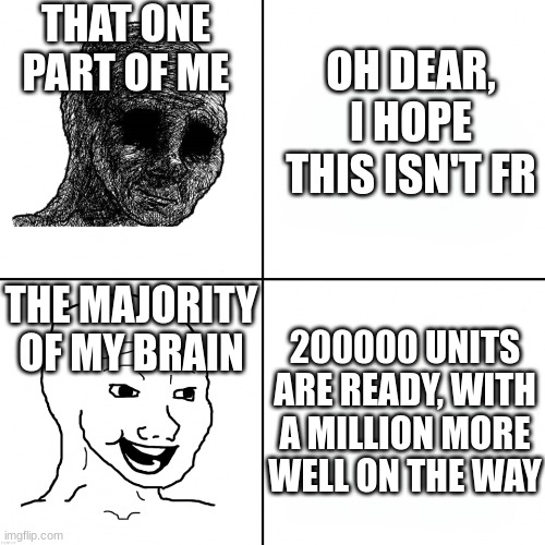 Depressed to Happy Wojak | THAT ONE PART OF ME THE MAJORITY OF MY BRAIN OH DEAR, I HOPE THIS ISN'T FR 200000 UNITS ARE READY, WITH A MILLION MORE WELL ON THE WAY | image tagged in depressed to happy wojak | made w/ Imgflip meme maker