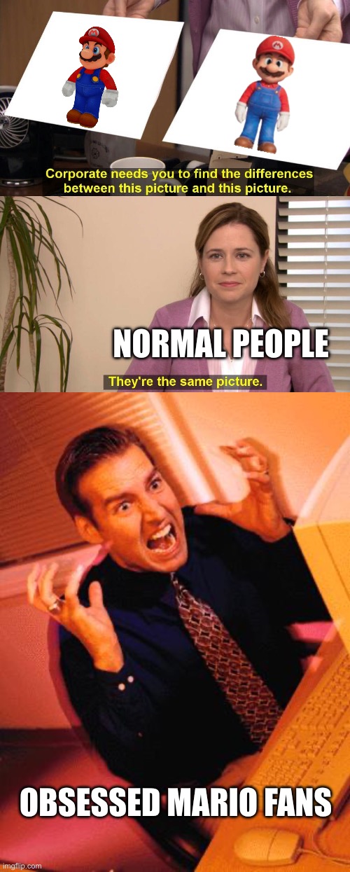 NORMAL PEOPLE; OBSESSED MARIO FANS | image tagged in they are the same picture,computer guy freaking out | made w/ Imgflip meme maker