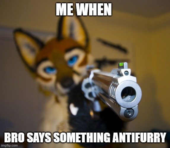 Furry with gun | ME WHEN; BRO SAYS SOMETHING ANTIFURRY | image tagged in furry with gun | made w/ Imgflip meme maker