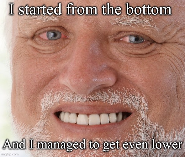 Hide the Pain Harold | I started from the bottom; And I managed to get even lower | image tagged in hide the pain harold | made w/ Imgflip meme maker