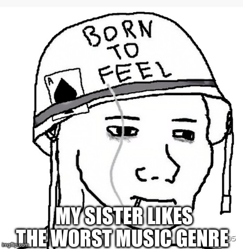 She is listening to pop at full phone volume, she is the girly girl stereotype | MY SISTER LIKES THE WORST MUSIC GENRE | image tagged in war wojak | made w/ Imgflip meme maker