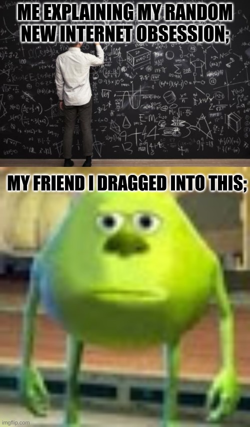 I'm calling you out! I know you have obsessions on people! (Don't worry I have them too especially if they're ho-) *The Ace's ar | ME EXPLAINING MY RANDOM NEW INTERNET OBSESSION;; MY FRIEND I DRAGGED INTO THIS; | image tagged in math,sully wazowski | made w/ Imgflip meme maker