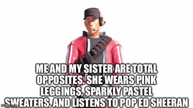 At least she isn’t a swifty. Imagine being a twin | ME AND MY SISTER ARE TOTAL OPPOSITES. SHE WEARS PINK LEGGINGS, SPARKLY PASTEL SWEATERS, AND LISTENS TO POP ED SHEERAN | image tagged in scout drip | made w/ Imgflip meme maker