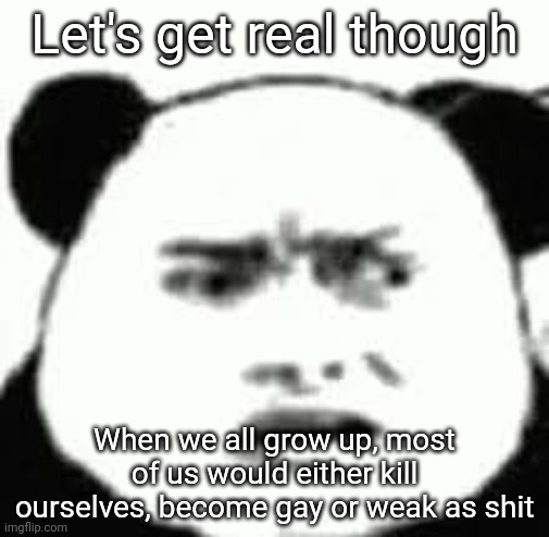 I don't care if either of us had disorders, i'm generally speaking that we are going to be known as a wack generation | Let's get real though; When we all grow up, most of us would either kill ourselves, become gay or weak as shit | image tagged in confused chinese bear | made w/ Imgflip meme maker