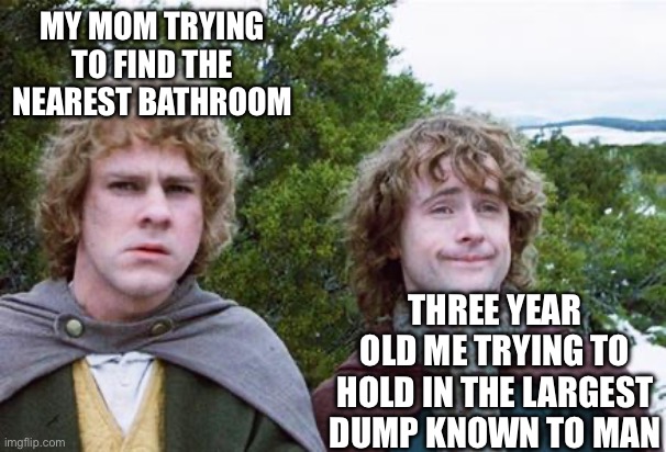 This happens to everyone | MY MOM TRYING TO FIND THE NEAREST BATHROOM; THREE YEAR OLD ME TRYING TO HOLD IN THE LARGEST DUMP KNOWN TO MAN | image tagged in second breakfast | made w/ Imgflip meme maker