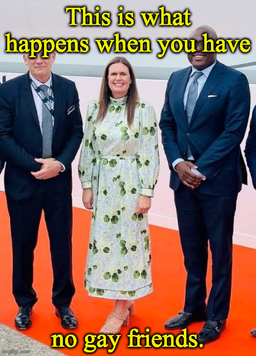 Sarah No Gay Friends | This is what happens when you have; no gay friends. | image tagged in sarah sanders wearing drapery | made w/ Imgflip meme maker