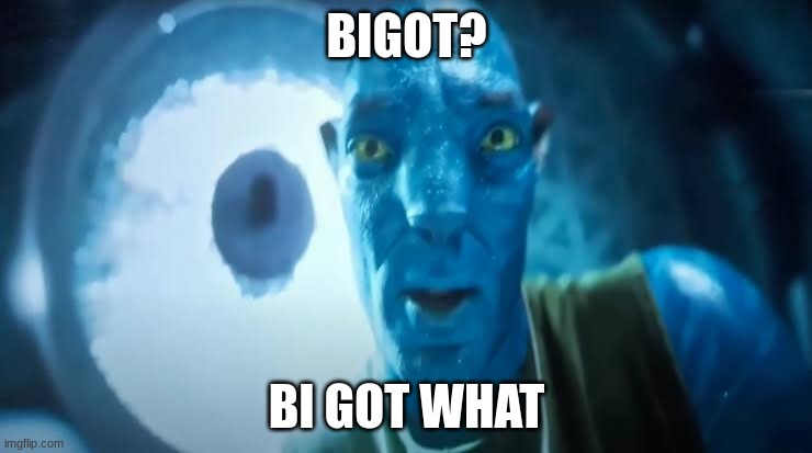 Avatar blue Guy | BIGOT? BI GOT WHAT | image tagged in avatar blue guy | made w/ Imgflip meme maker