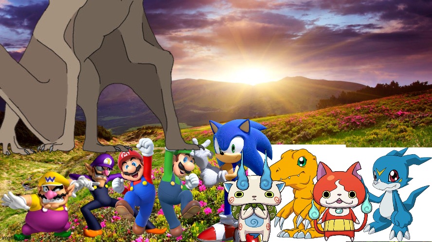 Wario and Friends dies by a Giant Quetzalcoatls because of Waluigi accidentally teasing it while exploring at a flower field | image tagged in field of flowers,wario dies,super mario,sonic the hedgehog,digimon,yokai watch | made w/ Imgflip meme maker