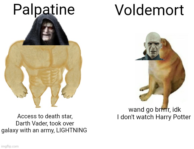 Who would win? | Palpatine; Voldemort; wand go brrrrr, idk I don't watch Harry Potter; Access to death star, Darth Vader, took over galaxy with an army, LIGHTNING | image tagged in memes,buff doge vs cheems,star wars,harry potter | made w/ Imgflip meme maker