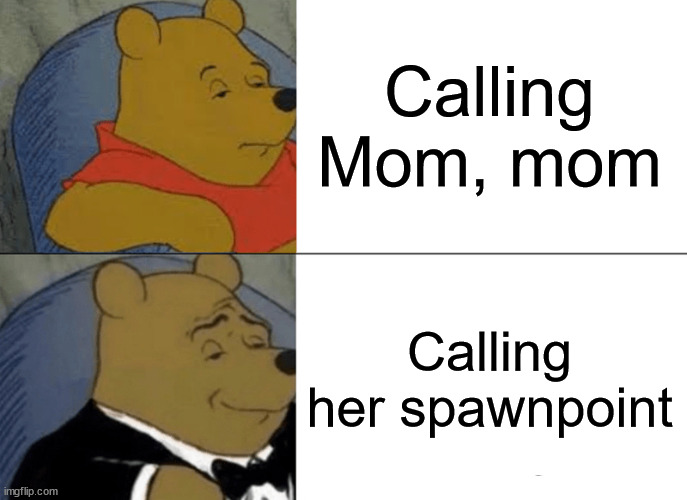 Tuxedo Winnie The Pooh | Calling Mom, mom; Calling her spawnpoint | image tagged in memes,tuxedo winnie the pooh | made w/ Imgflip meme maker