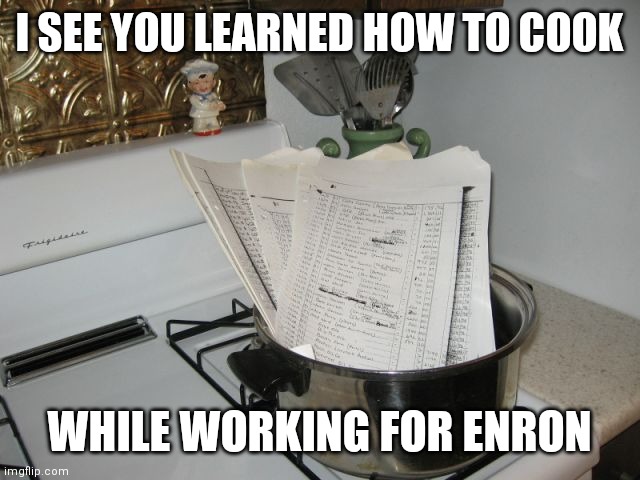 Enron Cooking Skills | I SEE YOU LEARNED HOW TO COOK; WHILE WORKING FOR ENRON | image tagged in cooked books | made w/ Imgflip meme maker