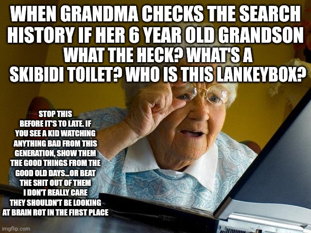 We need to put a stop to this (I've marked it NSFW due to having a curse word in it because I don't want to get in trouble) | WHEN GRANDMA CHECKS THE SEARCH HISTORY IF HER 6 YEAR OLD GRANDSON; WHAT THE HECK? WHAT'S A SKIBIDI TOILET? WHO IS THIS LANKEYBOX? STOP THIS BEFORE IT'S TO LATE. IF YOU SEE A KID WATCHING ANYTHING BAD FROM THIS GENERATION, SHOW THEM THE GOOD THINGS FROM THE GOOD OLD DAYS...OR BEAT THE SHIT OUT OF THEM I DON'T REALLY CARE THEY SHOULDN'T BE LOOKING AT BRAIN ROT IN THE FIRST PLACE | image tagged in memes,grandma finds the internet | made w/ Imgflip meme maker