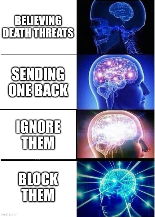 I was running out of ideas | BELIEVING DEATH THREATS; SENDING ONE BACK; IGNORE THEM; BLOCK THEM | image tagged in memes,expanding brain | made w/ Imgflip meme maker