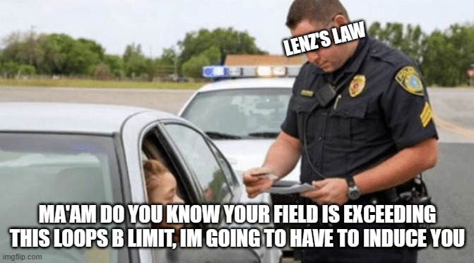 Induction | LENZ'S LAW; MA'AM DO YOU KNOW YOUR FIELD IS EXCEEDING THIS LOOPS B LIMIT, IM GOING TO HAVE TO INDUCE YOU | image tagged in white cop pulling over black woman | made w/ Imgflip meme maker