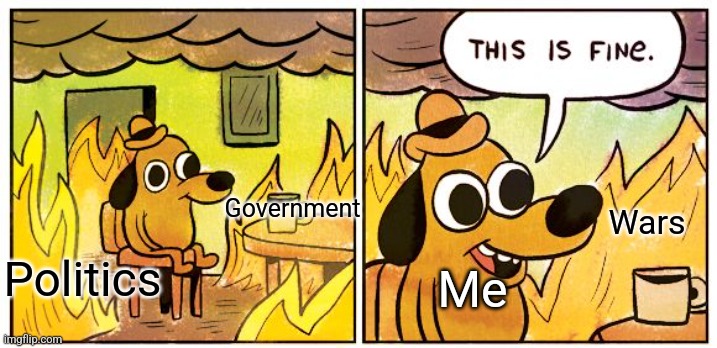 I'm scared Lmao | Government; Wars; Me; Politics | image tagged in memes,this is fine | made w/ Imgflip meme maker