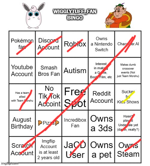 the yellow one is "wdym" and the red ones are "yes" | image tagged in wigglytuff_fan bingo,bingo | made w/ Imgflip meme maker