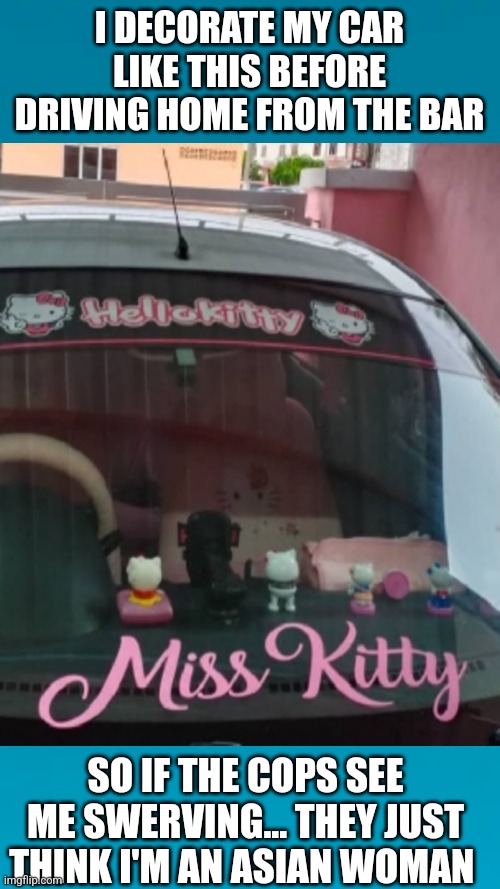 Hello Kitty | I DECORATE MY CAR LIKE THIS BEFORE DRIVING HOME FROM THE BAR; SO IF THE COPS SEE ME SWERVING... THEY JUST THINK I'M AN ASIAN WOMAN | image tagged in funny,funny memes,asians,hello kitty | made w/ Imgflip meme maker