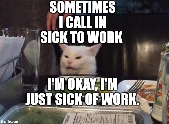 Smudge that darn cat | SOMETIMES I CALL IN SICK TO WORK; I'M OKAY, I'M JUST SICK OF WORK. | image tagged in smudge that darn cat | made w/ Imgflip meme maker