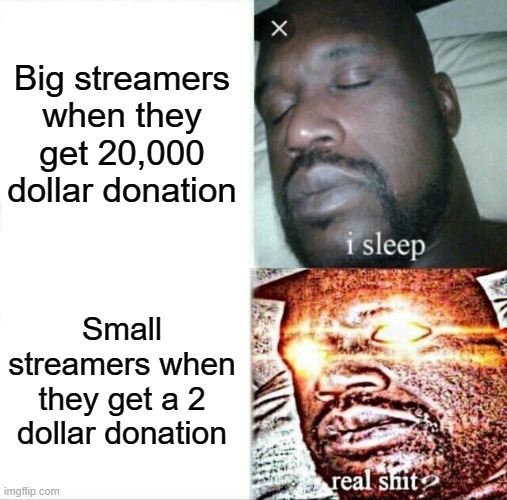 Big streamers when they get 20,000 dollar donation Small streamers when they get a 2 dollar donation | image tagged in memes,sleeping shaq | made w/ Imgflip meme maker