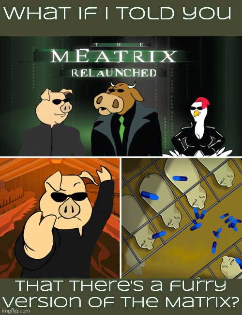 The name Neo Furries reminded me. | What if I told you; that there's a furry version of the Matrix? | image tagged in the meatrix,parody,fast food,pigs fly,bullshit meter,sexy chicken | made w/ Imgflip meme maker