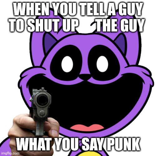 Run | WHEN YOU TELL A GUY TO SHUT UP      THE GUY; WHAT YOU SAY PUNK | image tagged in small catnap with a gun | made w/ Imgflip meme maker