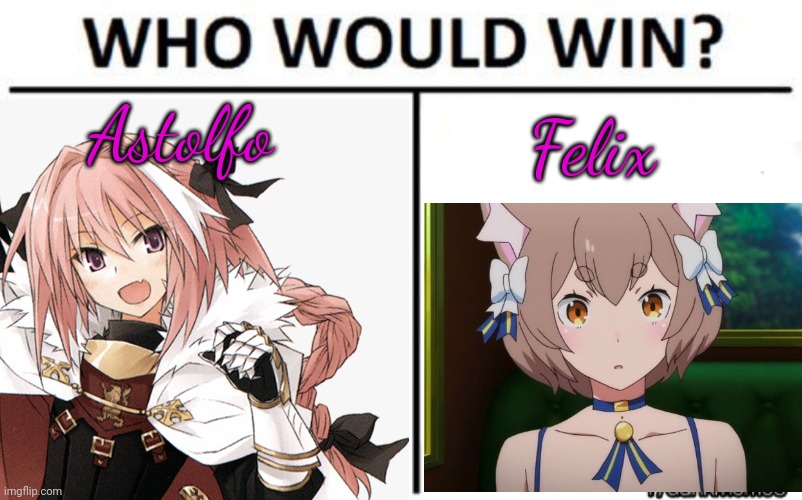 Who would win | Astolfo; Felix | image tagged in who would win,contest,comparison chart,femboy,anime,you know who else is beautiful | made w/ Imgflip meme maker