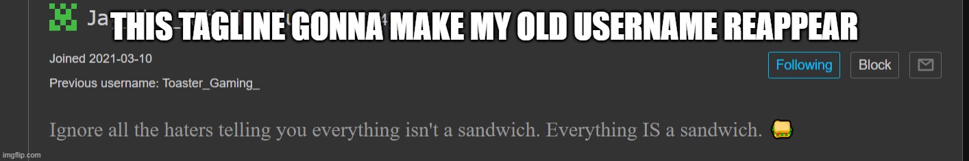 It used to be Ham_sandwich | THIS TAGLINE GONNA MAKE MY OLD USERNAME REAPPEAR | made w/ Imgflip meme maker