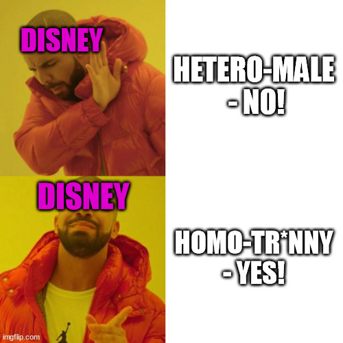The true message of Disney revealed: | HETERO-MALE  - NO! DISNEY; DISNEY; HOMO-TR*NNY - YES! | image tagged in drake blank,disney,memes,funny,transgender,homosexual | made w/ Imgflip meme maker