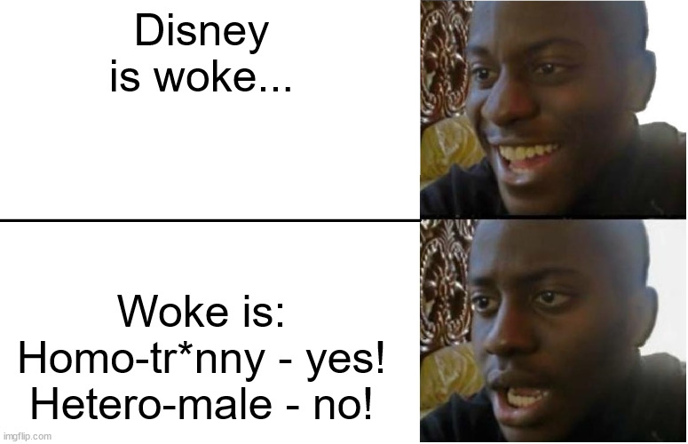 What does "Woke" mean now: | Disney is woke... Woke is: Homo-tr*nny - yes!
Hetero-male - no! | image tagged in disappointed black guy,woke,disney,homosexual,transgender,male | made w/ Imgflip meme maker